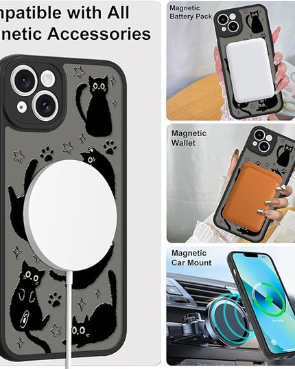 Cute Magnetic Case for iPhone 13 Case [ Compatible with MagSafe ] with Black Cat Cats Pattern Design for Women Girls Boys, Soft Bumper Hard Back Kawaii Animal Protective Phone Cover