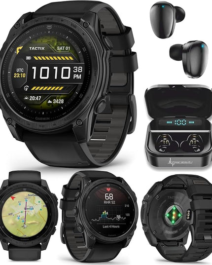 Garmin Tactix 8, 51mm AMOLED Display, Titanium Bezel, Sapphire Lens, Premium Tactical GPS Smartwatch, Includes Applied Ballistics Ultralight Solver, 40M Dive Rating w/Wearable4U Black Earbuds Bundle