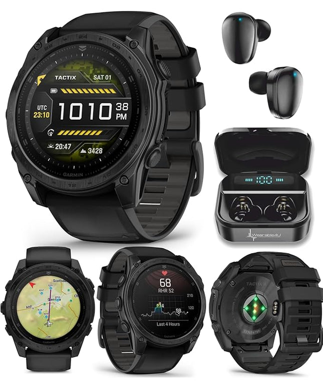 Garmin Tactix 8, 51mm AMOLED Display, Titanium Bezel, Sapphire Lens, Premium Tactical GPS Smartwatch, Includes Applied Ballistics Ultralight Solver, 40M Dive Rating w/Wearable4U Black Earbuds Bundle
