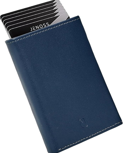 Taurus Smart Wallet For Men: Full Grain Leather, Handcrafted, Slide Metal Pop Up Case, Slim RFID Blocking Credit Card Holder, Minimalist, Compact - 9-12 Cards Organizers | ID | Money Clip (Navy)