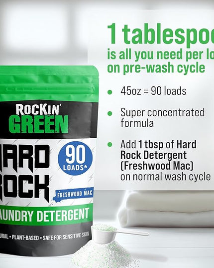 Rockin' Green Hard Rock Laundry Detergent for Hard Water (90 Loads), Plant based, Natural Laundry Detergent Powder, Biodegradable Odor Fighter, Safe for Sensitive Skin, 45 oz (Freshwood Mac)
