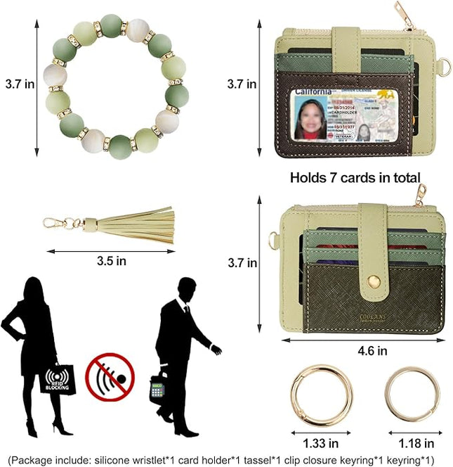 COOLANS Silicone Bracelet Wristlet Wallet Credit Card Holder RFID,ID Window,Key Ring Tassel,Slim Wallet Women Keychain Purse