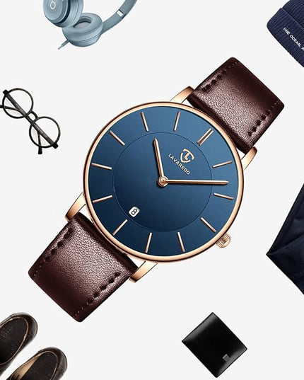 L LAVAREDO Watch for Men, Extremely Thin Mens Watches Minimalist Analog Men's Leather Wrist Watches with Time/Date, Birthday Gift for Men Boyfriend