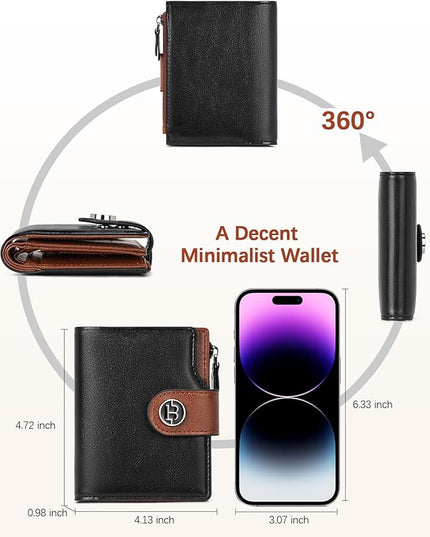 BOSTANTEN Women Leather Wallet Small RFID Blocking Bifold Zipper Pocket Wallet Card Case with ID Window Black＆Beige