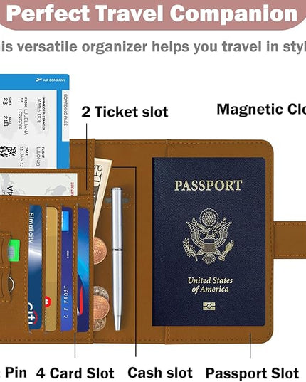 HOTCOOL Passport Holder Travel Essentials Airplane & Cruise Essentials Ship Leather Wallet Cover Case RFID Blocking Women & Men Vacation Travel Accessories Gifts Deals, Litchi - Brown