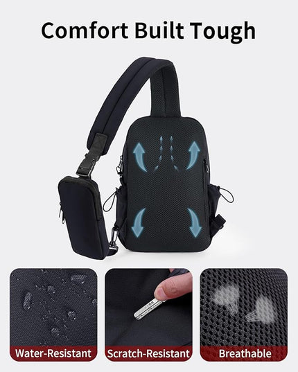 ECOHUB Anti-Theft Crossbody Bag Men Women, RFID Blocking Lightweight Sling Backpack Eco-Friendly with 9 Pockets Sturdy SBS Zippers Water Resistant for Travel Work Hiking Outdoor, Black