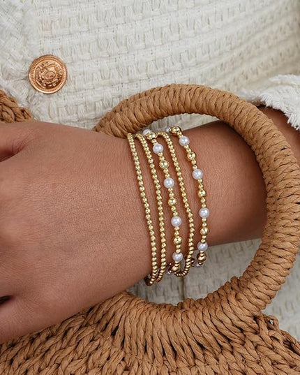 Gold Beaded Bracelets for Women, 14K Real Gold Plated Jewelry for Women Dainty Pearl Bead Bracelets Stack, Non Tarnish Trendy Stackable Ball Cross Stretch Bracelet Set Fashion Accessories Gifts