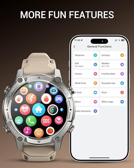Smart Watch for Men, with GPS, Offline Maps, Heart Rate, Blood Oxygen, Stress, Sleep Monitor, 178 Sports Modes, 5ATM Waterproof Round Watch, 1.43-inch AMOLED Display, Compatible Android and iOS Khaki