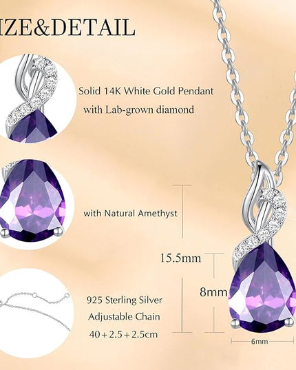 FANCIME 14K Solid White Gold Teardrop Pendant with Diamond Birthstone Necklace