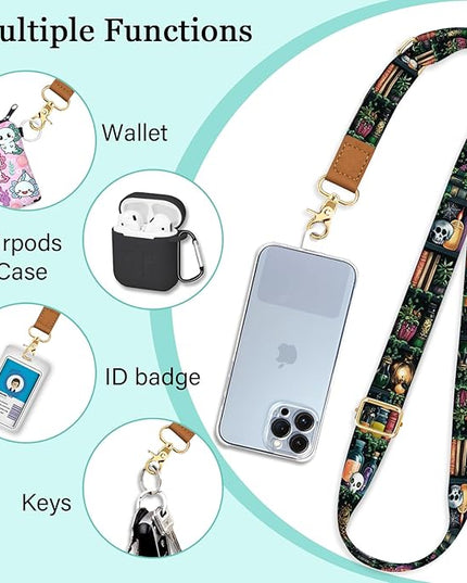 Phone Lanyard Crossbody Strap, Goth Bookshelf Cell Phone Lanyards for Around the Neck Wristlet Shoulder, Funny Skull Gothic Wrist Strap Adjustable Witchy Accessories Travel Essentials