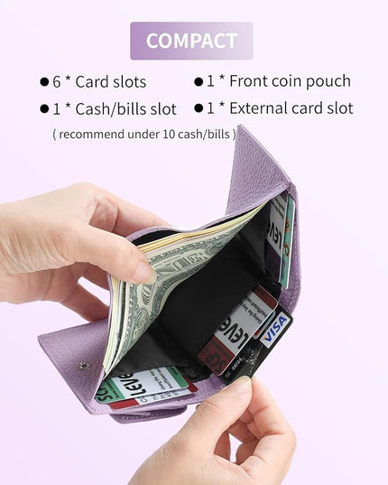 Unisex RFID Genuine Leather Wallet Compact Trifold with Coin Pouch & Card Slots Black (Light Purple)