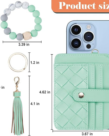 Keychain Wallet with Bracelet RFID Blocking Wristlet Credit Purse Card Holder, Silicone Bead Tassel Key Ring for Women