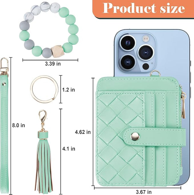 Keychain Wallet with Bracelet RFID Blocking Wristlet Credit Purse Card Holder, Silicone Bead Tassel Key Ring for Women