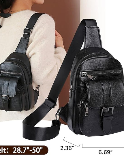 Peicees Leather Sling Bag For Women Waterproof Crossbody Bag Chest Bag Fashionable Small Backpack Purse For Travel Hiking