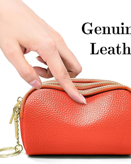 LINNO 3 Zippered Genuine Leather Coin Purse Triple Capacity Change Pouch Little Travel Wallet With Key Ring for Women