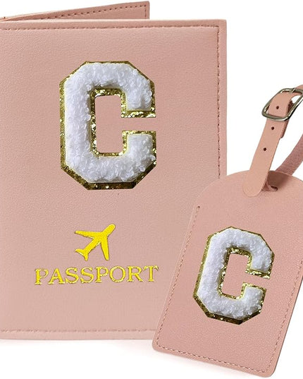 COSHAYSOO Personalized Passport Cover Holder and Initial Luggage Tag Set with Monogram Chenille Letter Patch for Women Teen Girls Couples, Preppy Travel Bag Suitcase Identifier Pink C