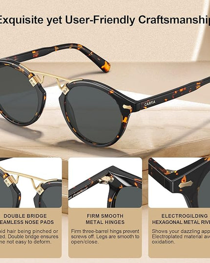 CARFIA Small Face Acetate Polarized Sunglasses for Women UV Protection, Retro Double Bridge Eyewears Metal Brow Round Sunnies