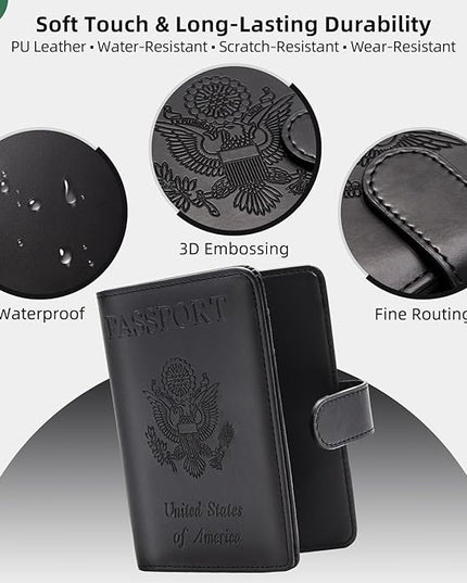 Passport Holder for Travel Family with Slot for Tracker Device & Luggage Tag Cover, – RFID Blocking Passport Wallet for Women & Men | PU Leather Passport Cover Case with Money Pocket – Black