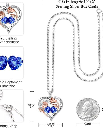Iefil Christmas Gifts for Women Wife - 925 Sterling Silver Rose Heart Birthstone Necklace Birthday Anniversary Jewelry Gifts for Her Wife Mom Daughter