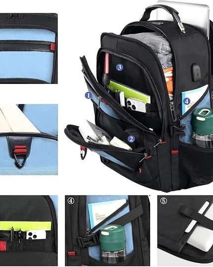 Z-MGKISS Big Backpack for Travel, 52L Large Anti-Theft Computer Backpack for Women Men, Heavy Duty Laptop Bag 17.3 Inch with USB Port, College Business Work Daypack, Lake Blue