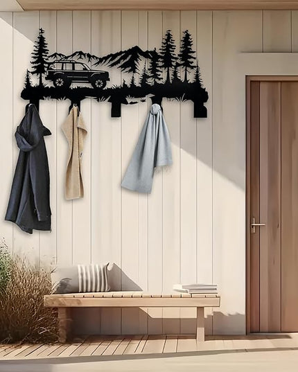 Metal Car Coat Hooks and Key Holder, Mountain Design Wall Art Decor with 5 Hooks, Clothes Hat Rack, and Backpack Hanger, Storage Decor for Living Room, Hallway, Office, Kitchen, Entryway, and Bedroom