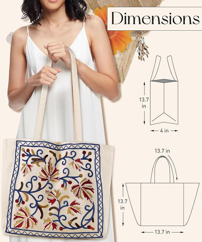 Aesthetic Embroidery Tote Bag for Women - Reusable Canvas Cute Shoulder Bag for Shopping, Grocery, Work, Book