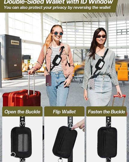 Clip and Go Strap for Phone with Wallet Crossbody Phone Lanyard Adjustable and Detachable RFID Wristlet Wallet with ID Window and Zipper, Black