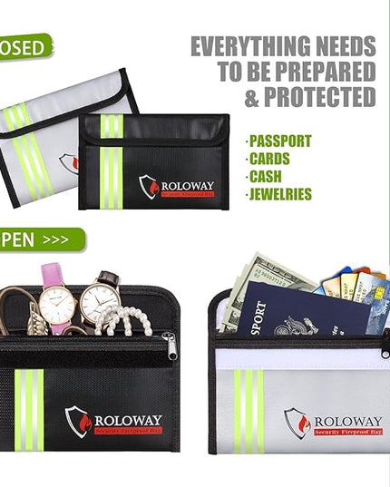 ROLOWAY Small Fireproof Bag (5 x 8 inches) with Reflective Strip, Fireproof Money Bag for Cash, Valuables, Passport, Currency & Keys (2-Pack)