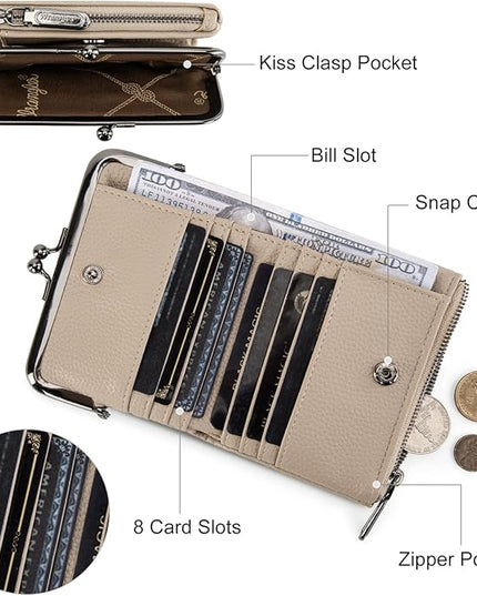Montana West Wrangler Women's Wallet RFID Blocking Wallets Small Bifold Credit Card Holder with Kiss Clasp Tan