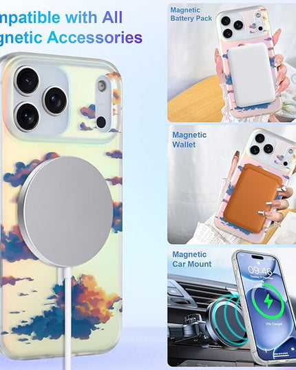 Cute Case for iPhone 17 Pro Case for Women Girls [ Compatible with Magsafe ] Aesthetic Cloud Pattern Design, Girly Glitter Sparkly Bling Protective Phone Cover, Iridescent Sun Set Sky