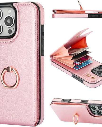 Folosu Compatible with iPhone 16 Pro Max Case Wallet with Card Holder, 360°Rotation Finger Ring Holder Kickstand, RFID Blocking Leather Protective Double Buttons Shockproof Cover 6.9 Inch Rose Gold