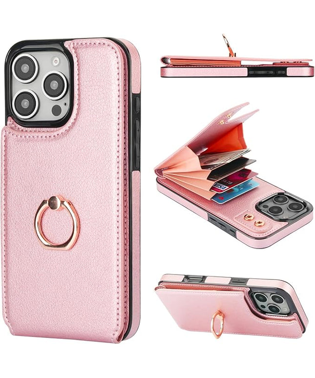 Folosu Compatible with iPhone 16 Pro Max Case Wallet with Card Holder, 360°Rotation Finger Ring Holder Kickstand, RFID Blocking Leather Protective Double Buttons Shockproof Cover 6.9 Inch Rose Gold