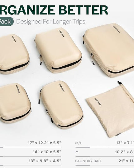 Aerotrunk Ultralight Compression Packing Cubes - Lightweight Travel Organizers for Suitcases and Luggage (6-Pack, Beige)