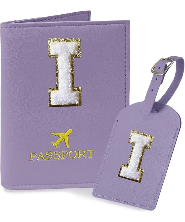 COSHAYSOO Purple Passport Cover and Luggage Tag Set TSA Approved with Her Initial Chenille Letter Patch, Trendy Travel Bag Backpack Suitcase Identifier Gifts for Daughter Mother Sister in Law (I)