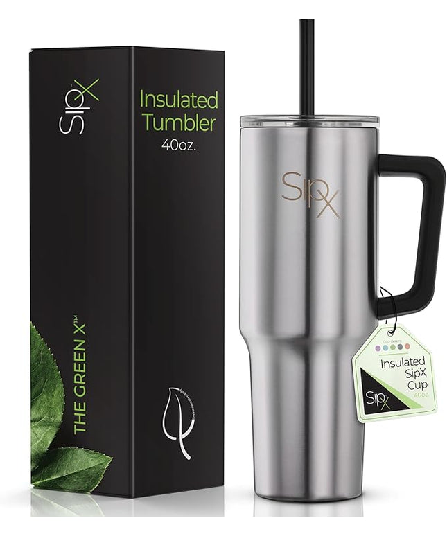 SIPX™ 40 oz Insulated Tumbler with Handle & Straw – Vacuum Insulated Stainless Steel, Leakproof, Cupholder Friendly – Perfect for Iced Coffee, Water & Travel – Stainless