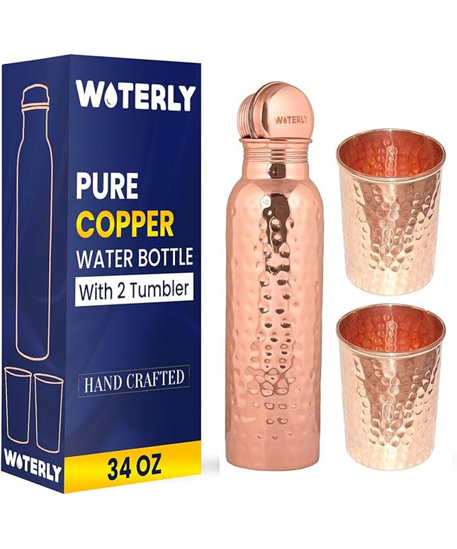 Hammered Copper Water Bottle (34 Oz /1000ml) With Set Of 2 Tumbler (10 Oz/300ml Each) | Best use for Office,Gym & gifts |100% Pure Copper Material with Leak proof Quality Made In India
