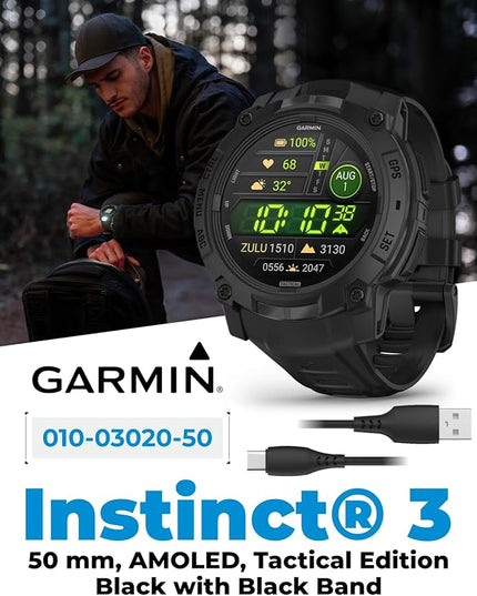 Wearable4U Garmin Instinct 3 Tactical Edition, AMOLED Display, 50mm, Rugged Outdoor GPS Smartwatch, Applied Ballistics Support, LED Flashlight, Multi-Band GPS, 10 ATM PowerBank Bundle
