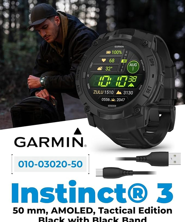 Wearable4U Garmin Instinct 3 Tactical Edition, AMOLED Display, 50mm, Rugged Outdoor GPS Smartwatch, Applied Ballistics Support, LED Flashlight, Multi-Band GPS, 10 ATM Black Earbuds Bundle