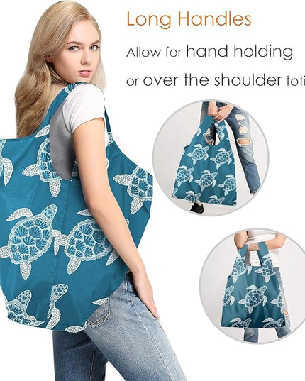 BeeGreen Animals Reusable Grocery Bags Turtle Peguins Flamingo Octopus Reusable Kitchen Bags Bulk Foldable-Machine Washable with Zipper Storage Pouch 6 Packs