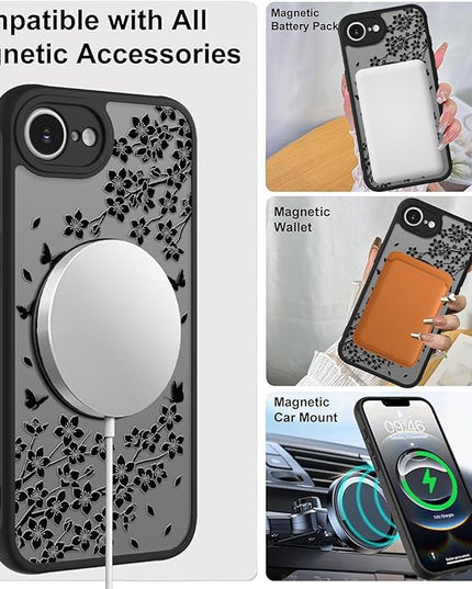 Cute Case for iPhone 16e Case with Stand [ Compatible with MagSafe ] Kawaii Black Cat & Floral & Butterflies Pattern Design 360 Magnetic Ring Kickstand Phone Cover for Women Girls Boys
