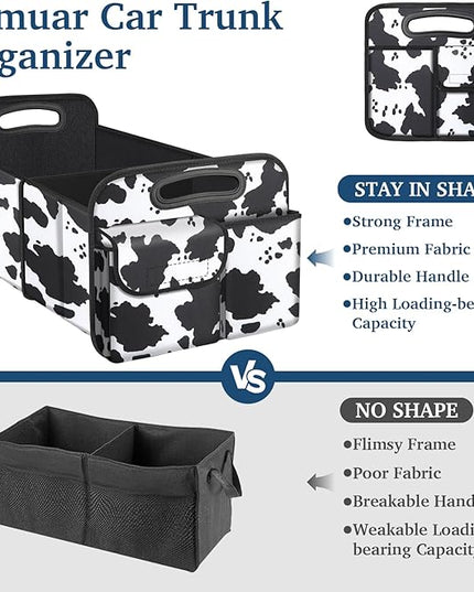 Femuar Car Trunk Organizer, Cow Print, Vintage Style, 52L Capacity, 4 Compartments, Waterproof, Non-Slip, Collapsible, 22.5"D x 18"W x 10.8"H