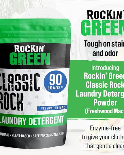 Rockin' Green Classic Rock Laundry Detergent (90 Loads), Plant based, All Natural Laundry Detergent Powder, Vegan and Biodegradable Odor Fighter, Safe for Sensitive Skin, 45 oz (Freshwood Mac)