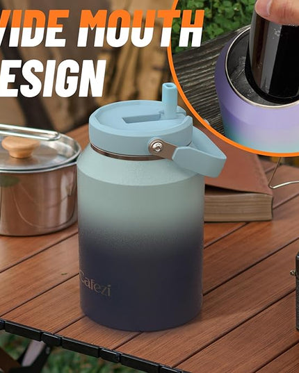 64 oz Insulated Water Bottle with Flip Straw, Vacuum Insulated Stainless Steel Jug with Top Handle, Leak-Proof Lid, Sweat-Free, Wide Mouth, Keeps Ice Cold up to 34 Hours