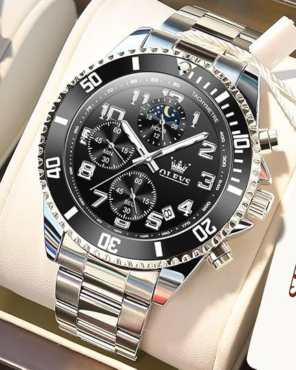 OLEVS Mens Watches Chronograph Watch Luxury Dress Stainless Steel Waterproof Watches for Men Moon Phase Luminous Business Calendar Wrist Watch Blue/Black/Green/Gold/Face