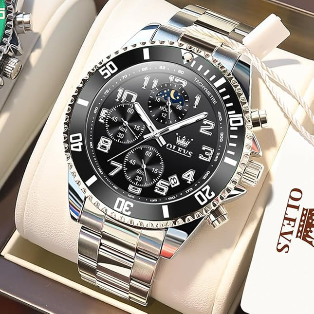 OLEVS Mens Watches Chronograph Watch Luxury Dress Stainless Steel Waterproof Watches for Men Moon Phase Luminous Business Calendar Wrist Watch Blue/Black/Green/Gold/Face