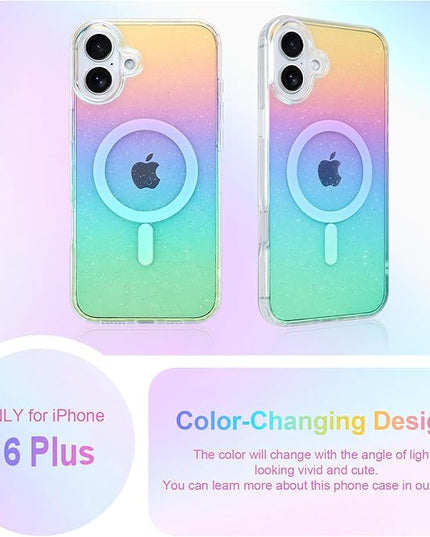 Glitter Case for iPhone 16 Plus Case for Women Girls [ Compatible with Magsafe ] Clear Cute Girly Aesthetic Iridescent Rainbow Sparkly Bling Magnetic Phone Cover, Gradient Blue & Pink