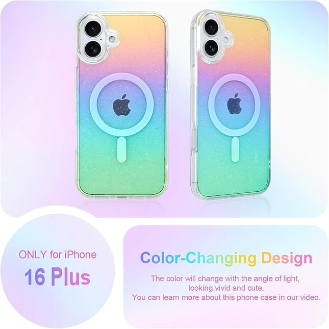 Glitter Case for iPhone 16 Plus Case for Women Girls [ Compatible with Magsafe ] Clear Cute Girly Aesthetic Iridescent Rainbow Sparkly Bling Magnetic Phone Cover, Gradient Blue & Pink