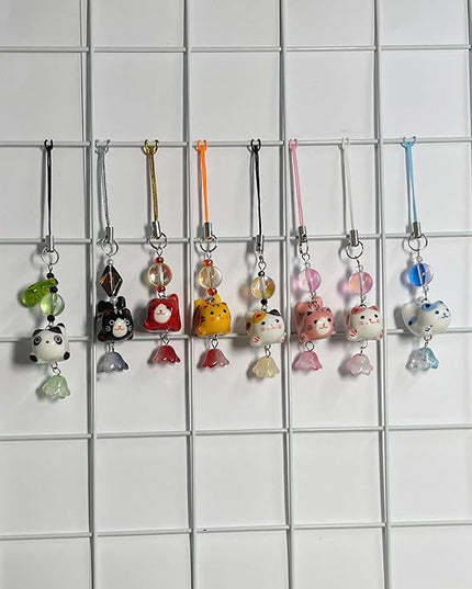Agromusk Cat Phone Charms,Cute Lucky Kitty Beaded with Flower Phone Strap,Kawaii Y2K Bag Decor Aesthetic Cat Charm Accessories