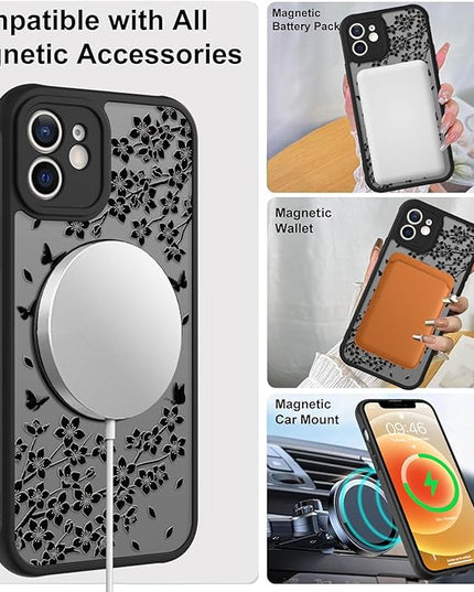 Cute Case for iPhone 12 Case with Stand [ Compatible with MagSafe ] Kawaii Black Cat & Floral & Butterflies Pattern Design 360 Magnetic Ring Kickstand Phone Cover for Women Girls Boys