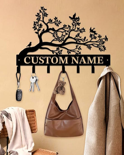 Personalized Custom Name Birds of Trees Wall Key Hooks,Metal Birds of Trees Art Clothes Hooks,Metal Birds of Trees Wall Home Storage Decorative,For Front Door, Hallway, Kitchen, Bedroom(Style B)